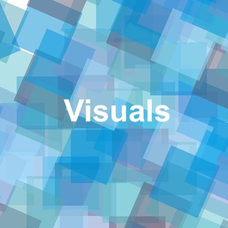 Der Begriff „Visuals“ vor blauen sich transparent überlagernden Rechtecken